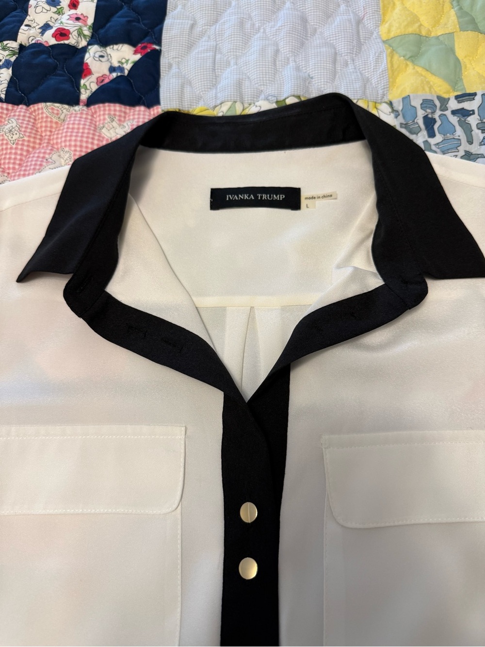 White Blouse with Black Trim Collar & Placket - Picture 3 of 4